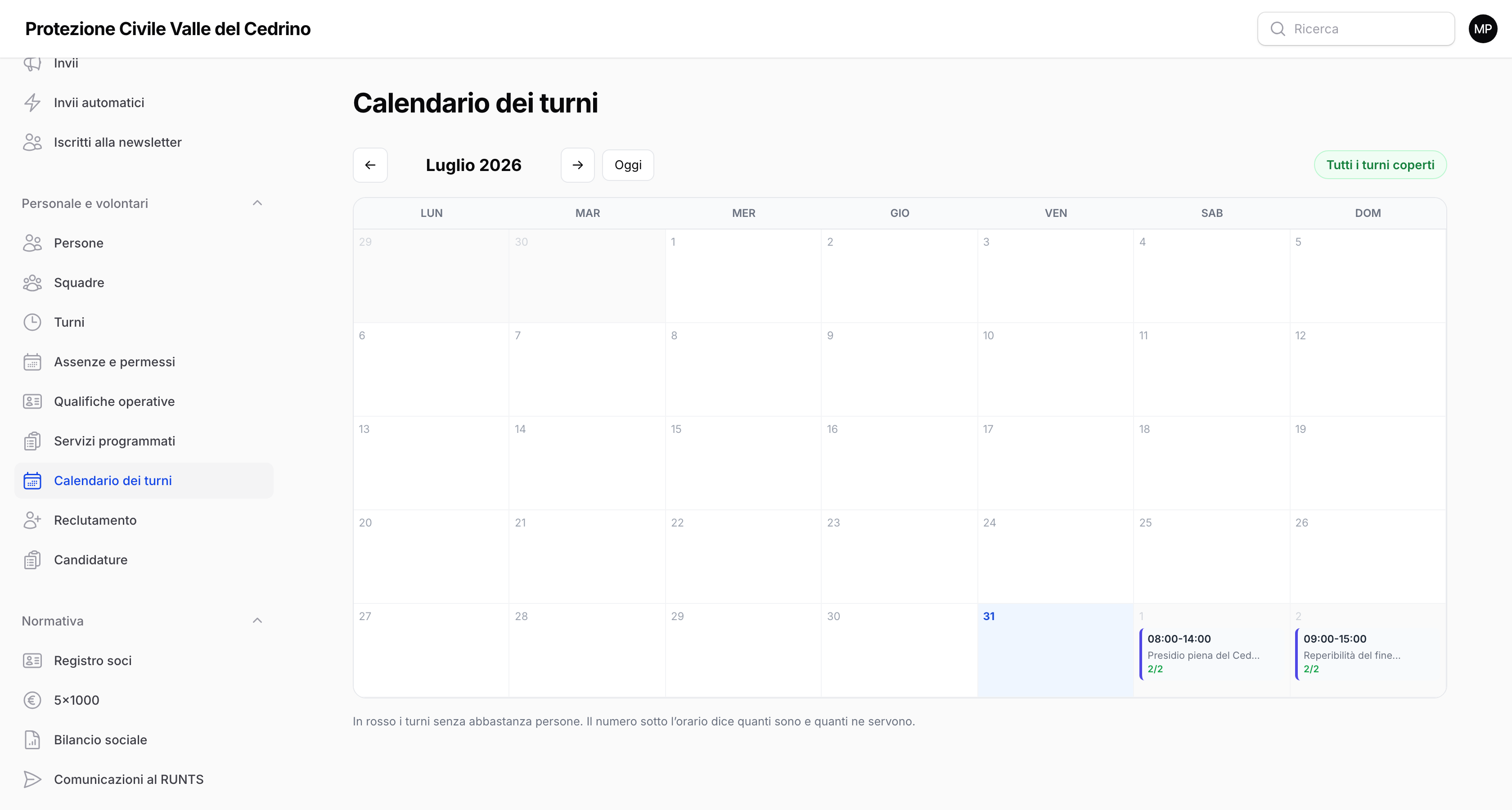 Il calendario dei turni